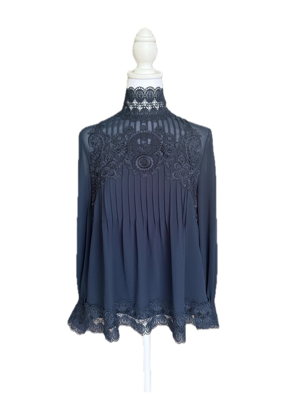 TED BAKER Lace-Yoke High Neck Blouse - Navy With Gold Button - Picture 3 of 11